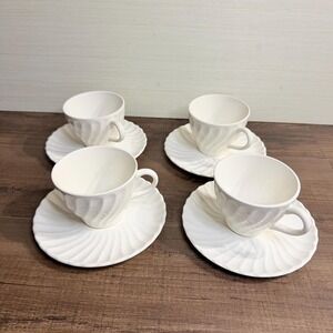 4 VTG Johnson Brothers Snowhite Regency White Teacups Saucers Swirl Coffee Cups